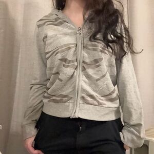 BCBG Y2K Grey Rhinestone Zip Up Hoodie